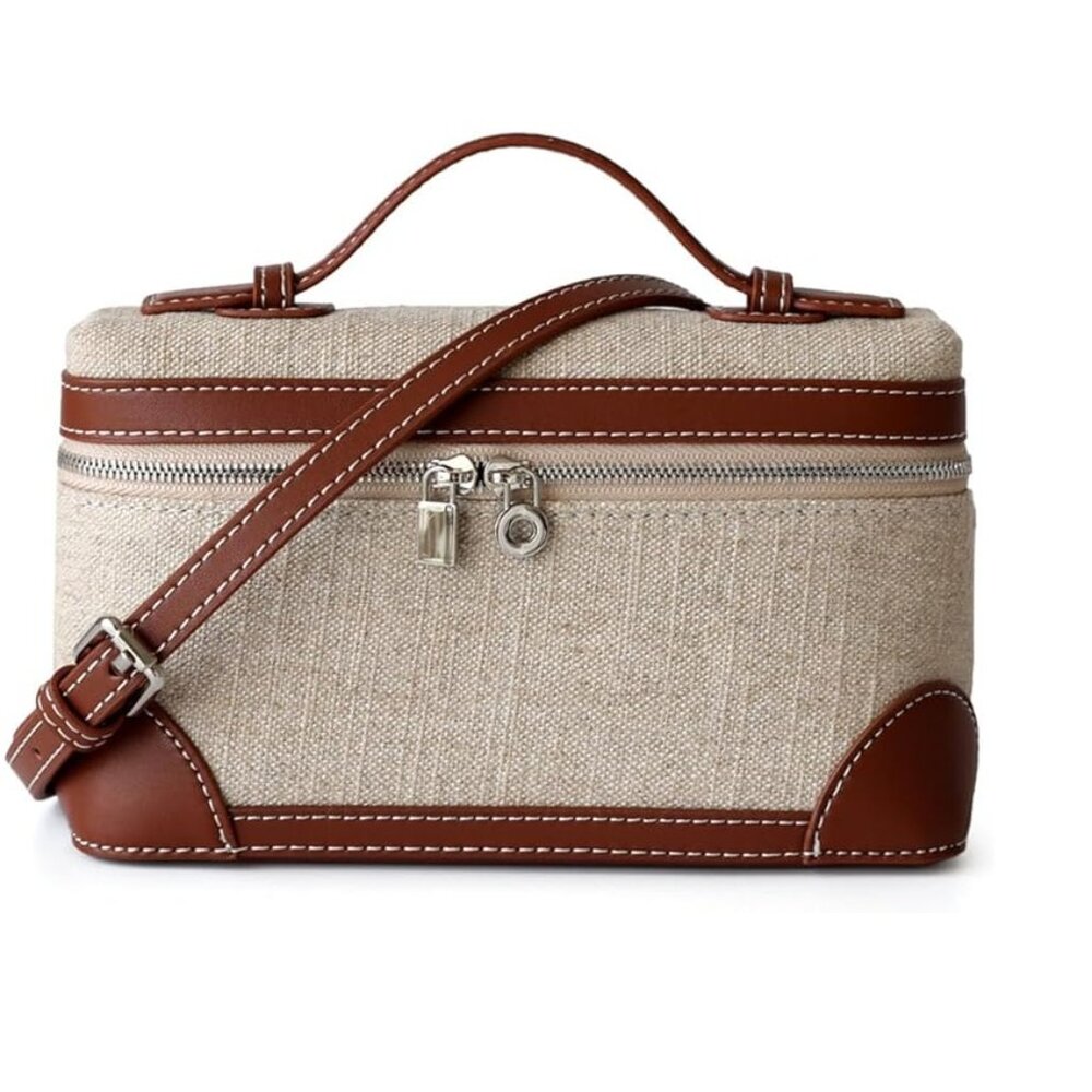 Women’s Beige Canvas and Brown Trim Crossbody Vanity Bag